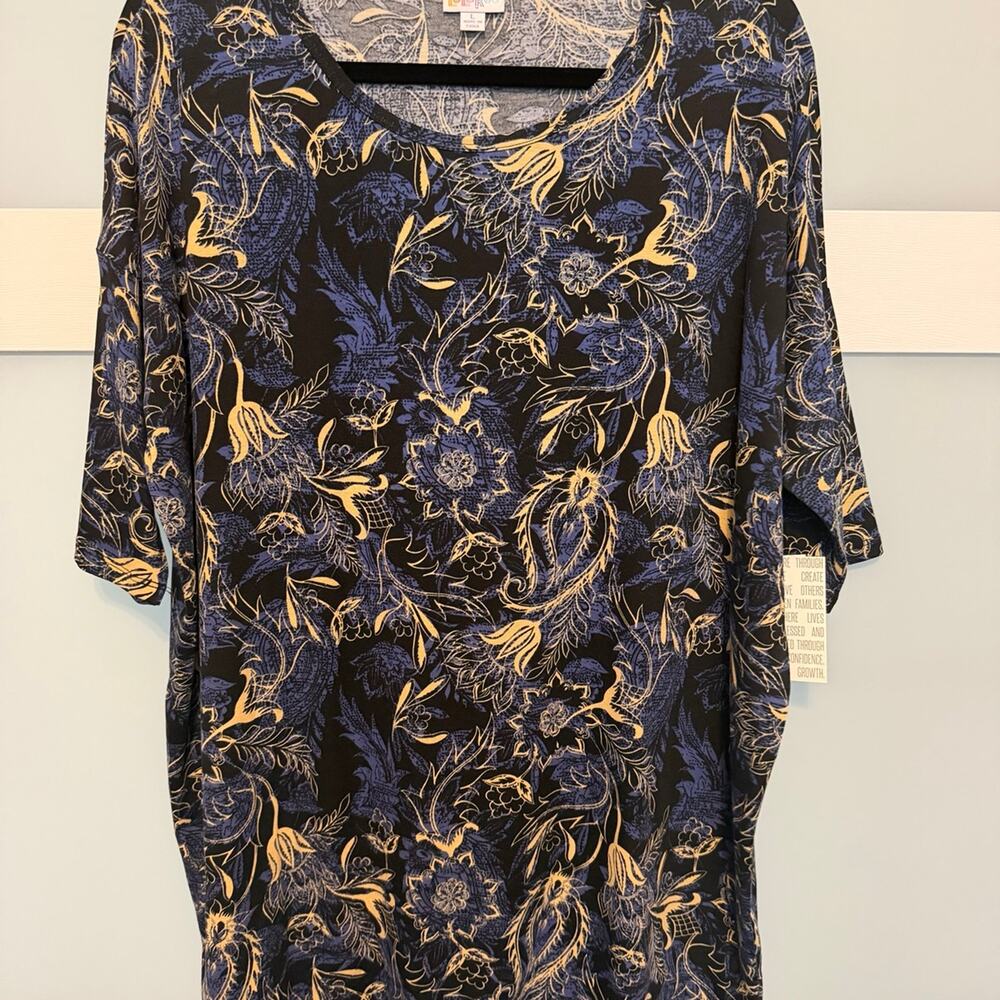 LuLaRoe Irma Womens Large Navy Beige Floral High Low Tunic Top NWT Stretch